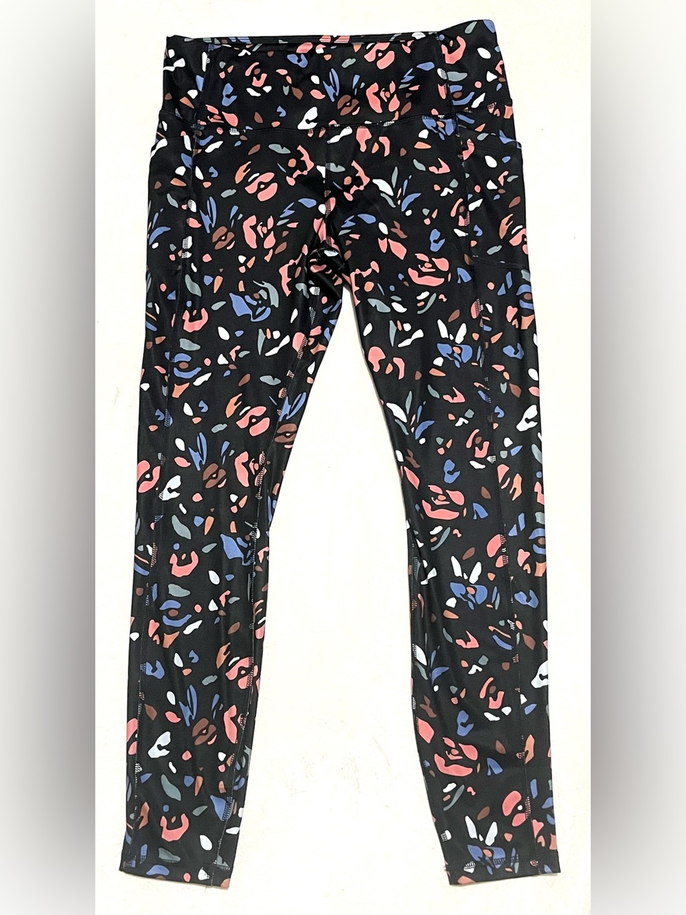 Avia Black Leggings with Pink, Blue & White Confetti Leopard Print with Pockets